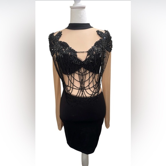 QUEEN MANIA MINI Black Mesh Dress Embellished with Black Faceted Beads SZ M NWT - Picture 1 of 11